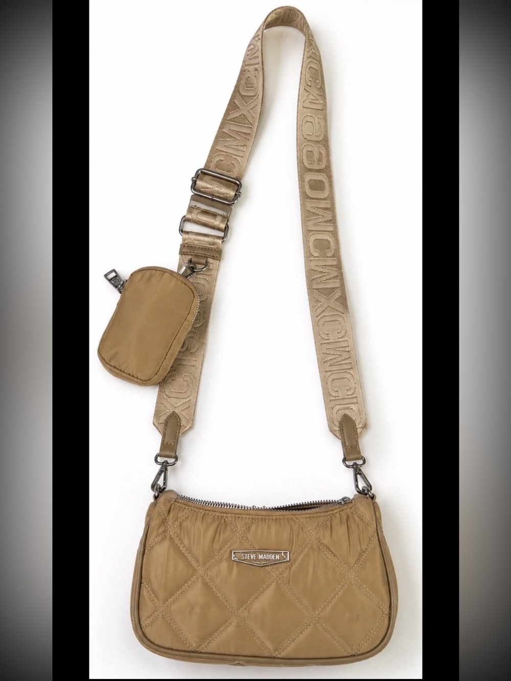 Steve Madden Beige Quilted Nylon Crossbody Bag Logo Strap Pouch